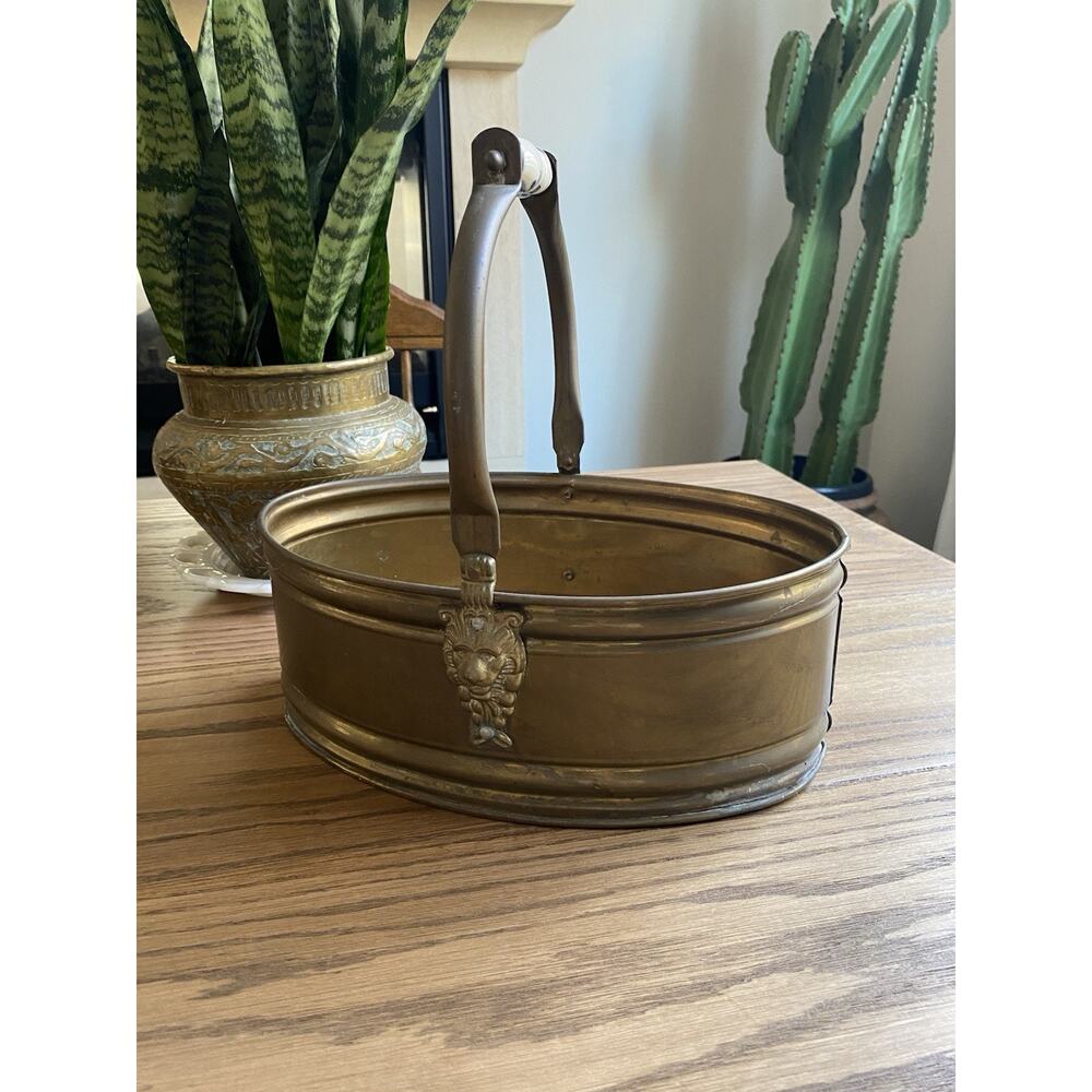 Antique Brass Oval Planter With Lion Head Porcelain Delft Handle Blue And White